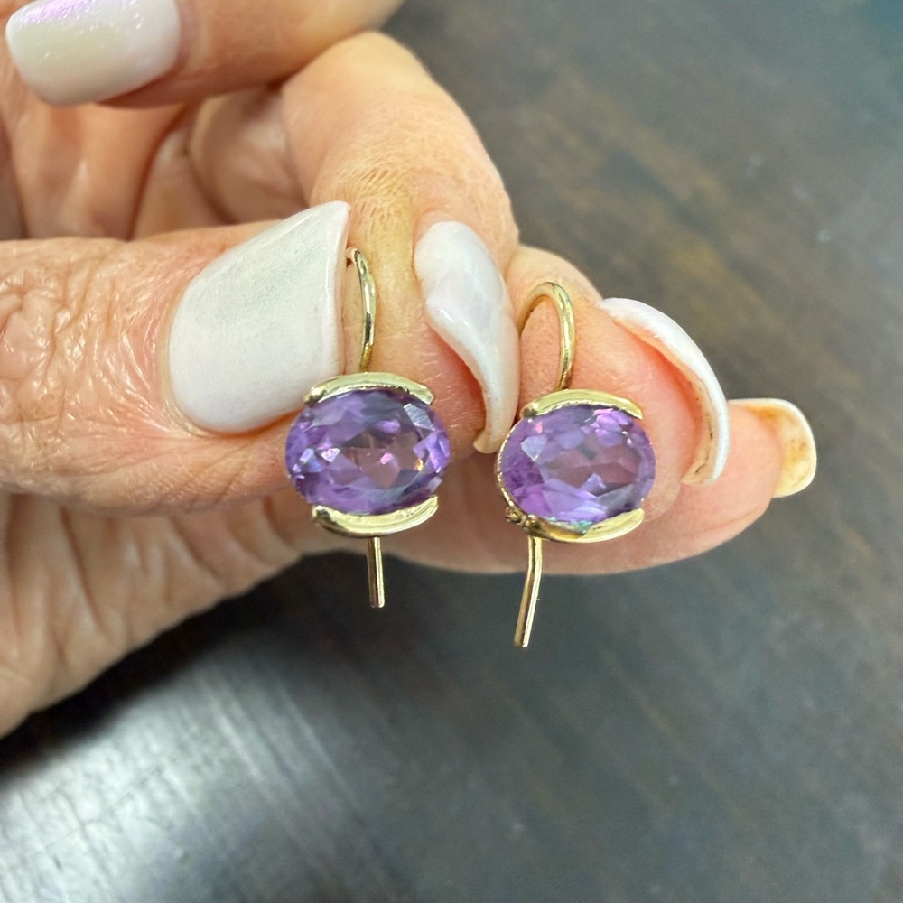 14kt Gold Amethyst Drop Earrings - Elegant Purple Gemstones